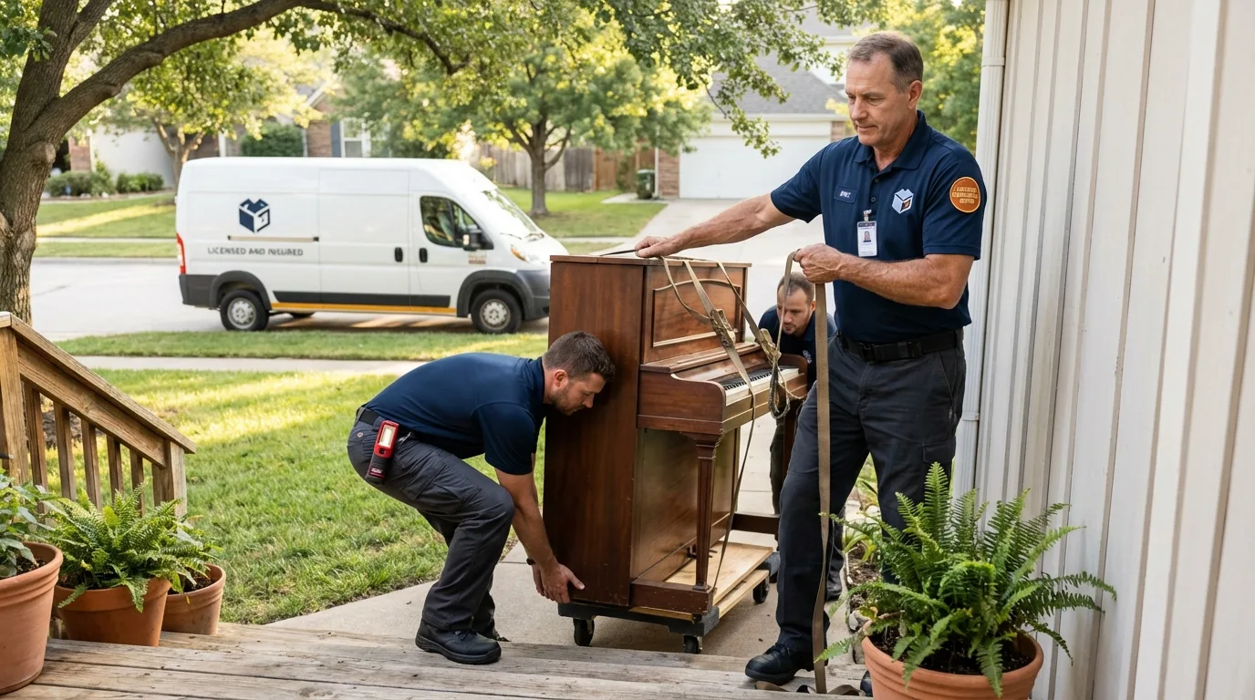 Licensed piano movers securing grand piano in Manning, SC