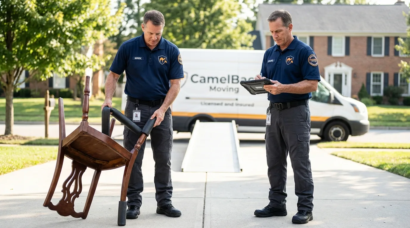 Movers inspecting furniture for damage prevention before loading in Manning, SC